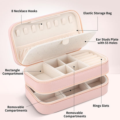 Small Travel Jewelry Box with Double Zipper, 2 Layers PU Portable Jewelry Case for Women and Girls,Travel Jewelry Organizer for Rings, Earrings, Necklaces, Bracelets,Black