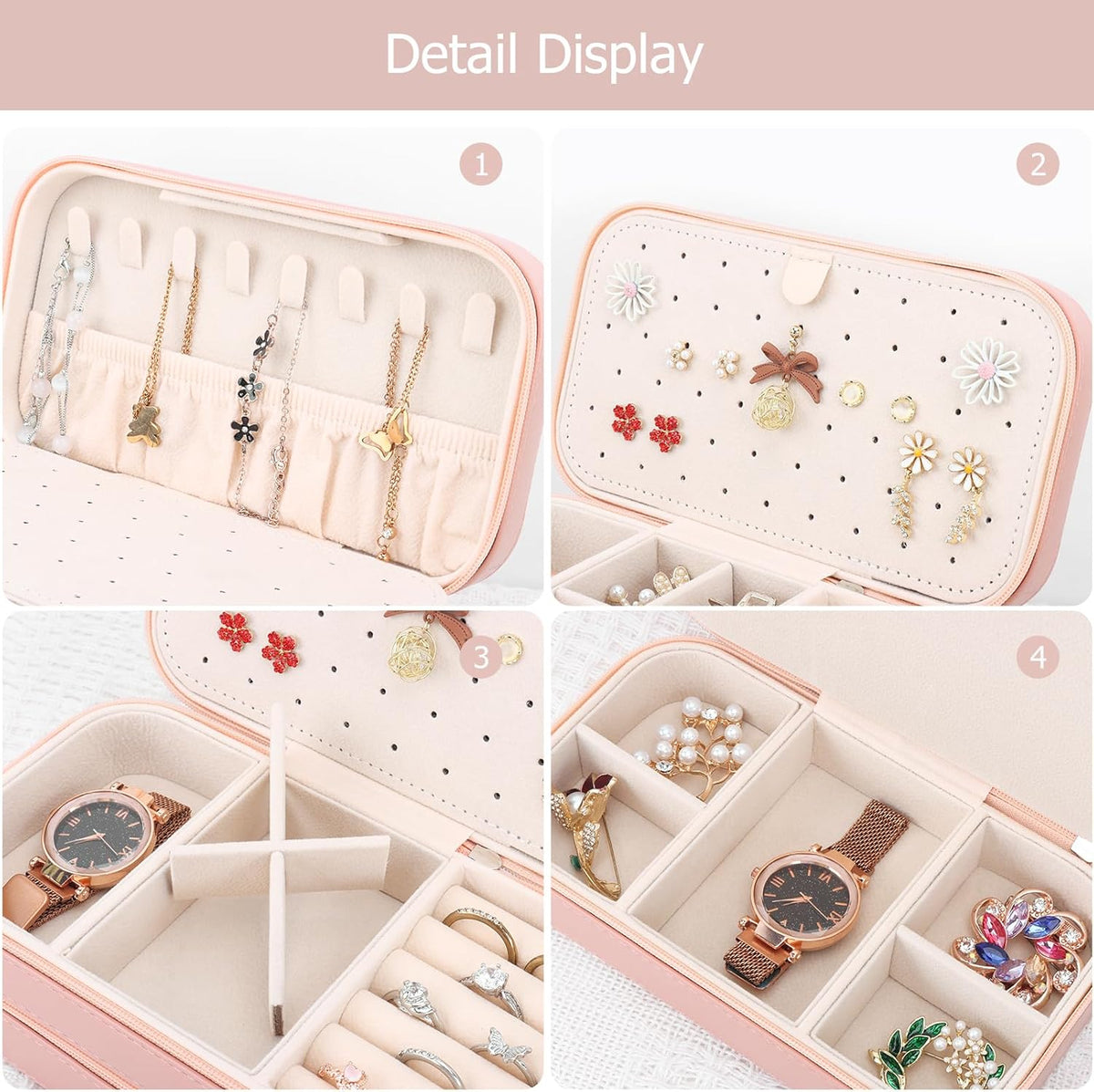 Small Travel Jewelry Box with Double Zipper, 2 Layers PU Portable Jewelry Case for Women and Girls,Travel Jewelry Organizer for Rings, Earrings, Necklaces, Bracelets,Black