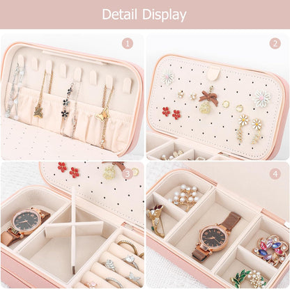 Small Travel Jewelry Box with Double Zipper, 2 Layers PU Portable Jewelry Case for Women and Girls,Travel Jewelry Organizer for Rings, Earrings, Necklaces, Bracelets,Black
