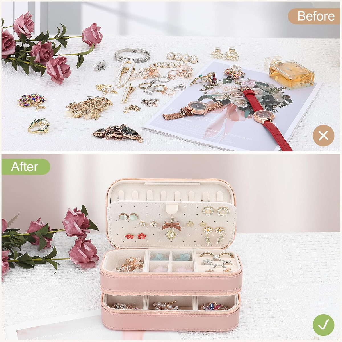 Small Travel Jewelry Box with Double Zipper, 2 Layers PU Portable Jewelry Case for Women and Girls,Travel Jewelry Organizer for Rings, Earrings, Necklaces, Bracelets,Black