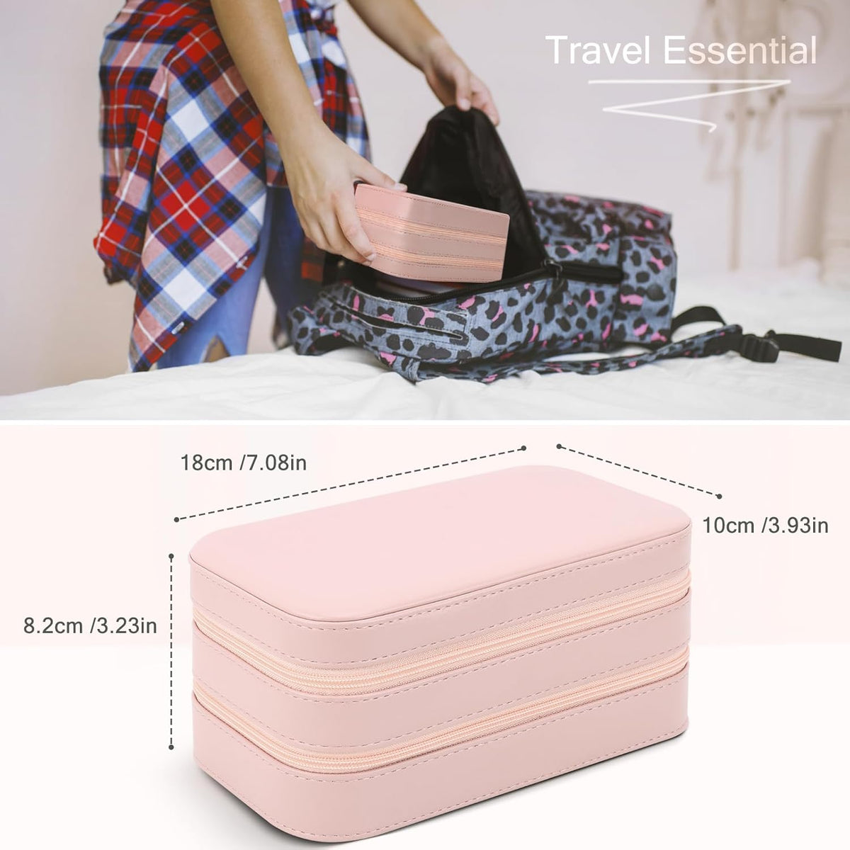 Small Travel Jewelry Box with Double Zipper, 2 Layers PU Portable Jewelry Case for Women and Girls,Travel Jewelry Organizer for Rings, Earrings, Necklaces, Bracelets,Black