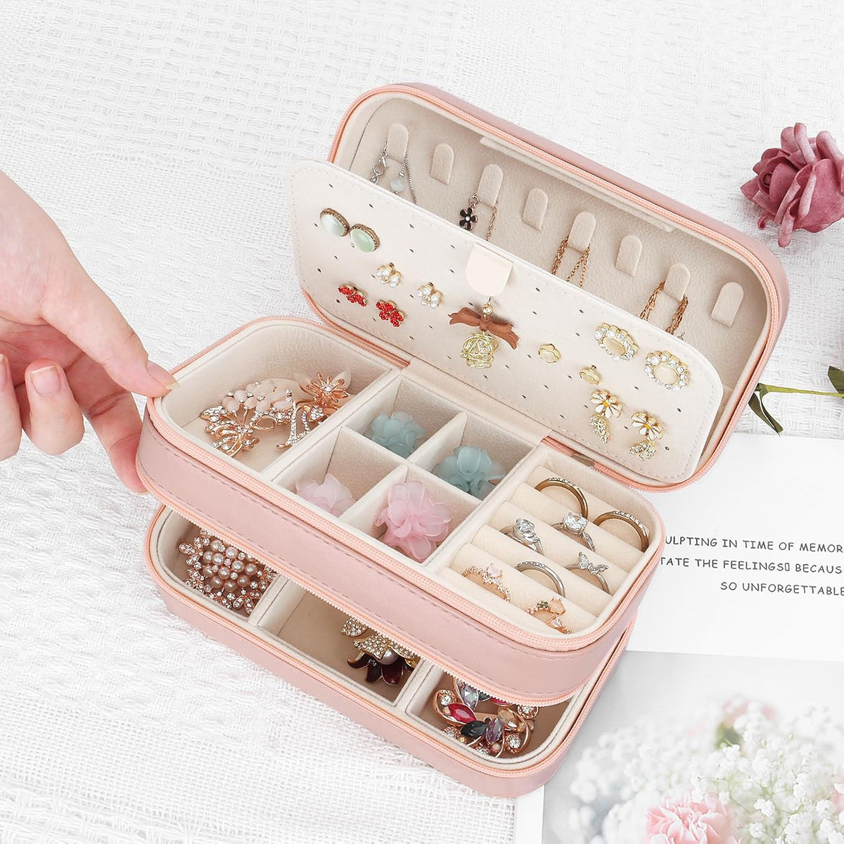 Small Travel Jewelry Box with Double Zipper, 2 Layers PU Portable Jewelry Case for Women and Girls,Travel Jewelry Organizer for Rings, Earrings, Necklaces, Bracelets,Black