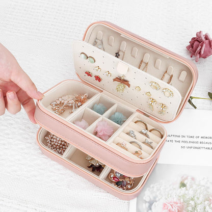 Small Travel Jewelry Box with Double Zipper, 2 Layers PU Portable Jewelry Case for Women and Girls,Travel Jewelry Organizer for Rings, Earrings, Necklaces, Bracelets,Black