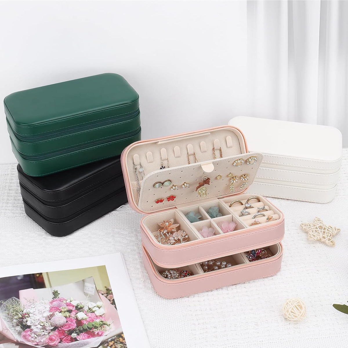 Small Travel Jewelry Box with Double Zipper, 2 Layers PU Portable Jewelry Case for Women and Girls,Travel Jewelry Organizer for Rings, Earrings, Necklaces, Bracelets,Black