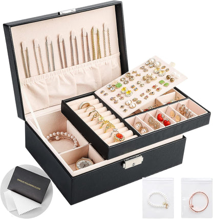 Jewelry Box Organizer for Women Girls 2 Layer Leather Travel Jewelry Storage Case with Lock and Removable Tray for Necklace Earrings Rings Bracelets Gift, Come with Polishing Cloth and Jewelry Bags