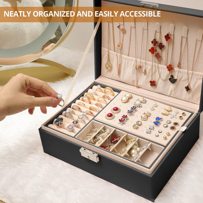 Jewelry Box Organizer for Women Girls 2 Layer Leather Travel Jewelry Storage Case with Lock and Removable Tray for Necklace Earrings Rings Bracelets Gift, Come with Polishing Cloth and Jewelry Bags