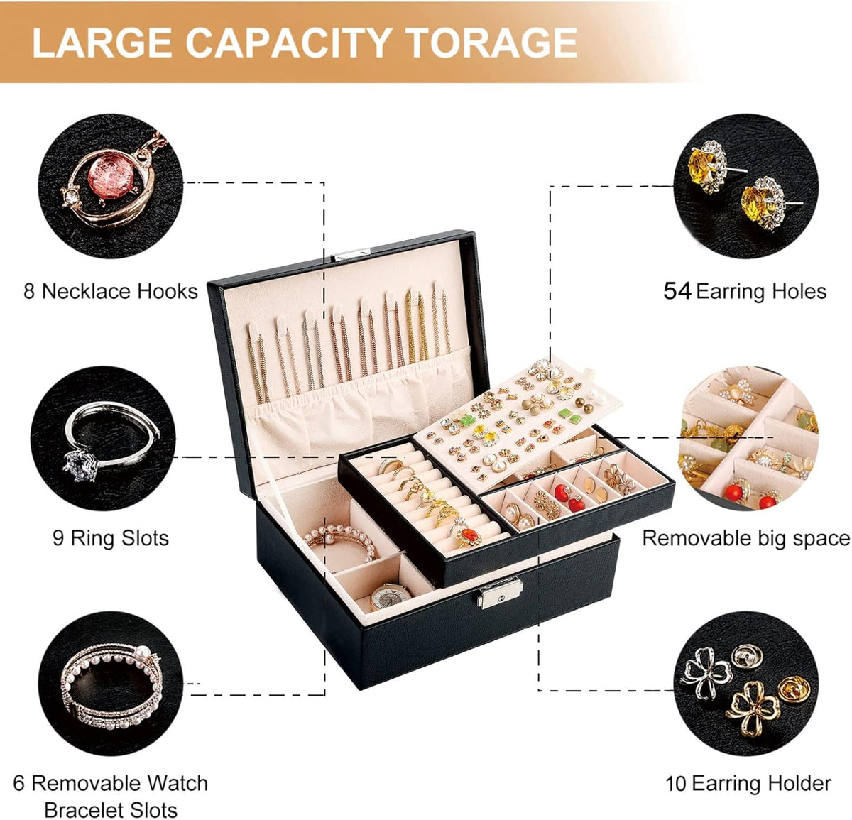 Jewelry Box Organizer for Women Girls 2 Layer Leather Travel Jewelry Storage Case with Lock and Removable Tray for Necklace Earrings Rings Bracelets Gift, Come with Polishing Cloth and Jewelry Bags
