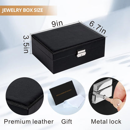 Jewelry Box Organizer for Women Girls 2 Layer Leather Travel Jewelry Storage Case with Lock and Removable Tray for Necklace Earrings Rings Bracelets Gift, Come with Polishing Cloth and Jewelry Bags