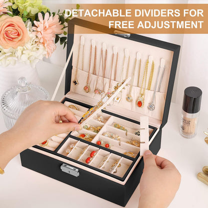 Jewelry Box Organizer for Women Girls 2 Layer Leather Travel Jewelry Storage Case with Lock and Removable Tray for Necklace Earrings Rings Bracelets Gift, Come with Polishing Cloth and Jewelry Bags