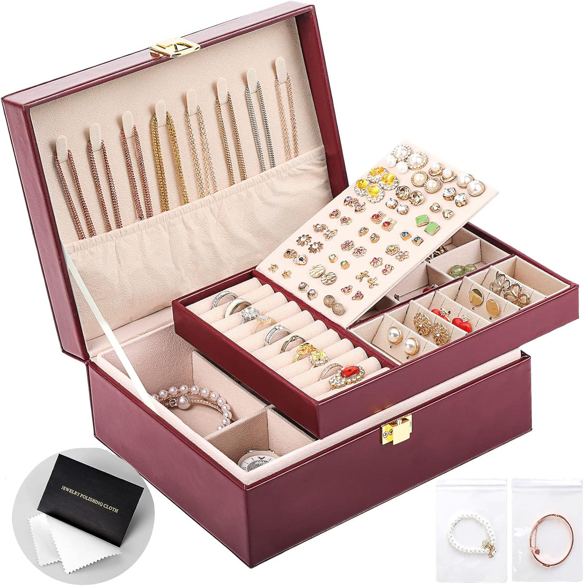 Jewelry Box Organizer for Women Girls 2 Layer Leather Travel Jewelry Storage Case with Lock and Removable Tray for Necklace Earrings Rings Bracelets Gift, Come with Polishing Cloth and Jewelry Bags