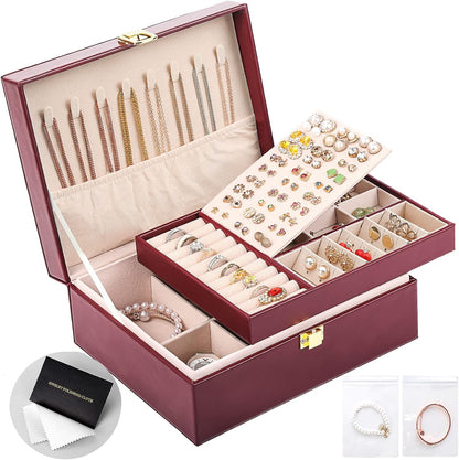 Jewelry Box Organizer for Women Girls 2 Layer Leather Travel Jewelry Storage Case with Lock and Removable Tray for Necklace Earrings Rings Bracelets Gift, Come with Polishing Cloth and Jewelry Bags
