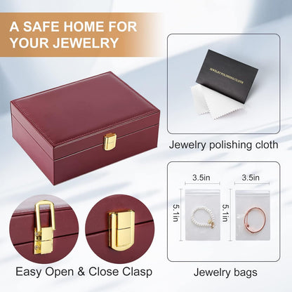 Jewelry Box Organizer for Women Girls 2 Layer Leather Travel Jewelry Storage Case with Lock and Removable Tray for Necklace Earrings Rings Bracelets Gift, Come with Polishing Cloth and Jewelry Bags