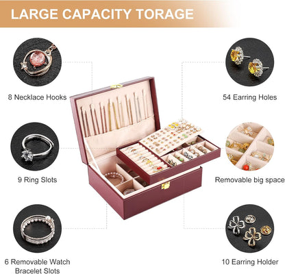 Jewelry Box Organizer for Women Girls 2 Layer Leather Travel Jewelry Storage Case with Lock and Removable Tray for Necklace Earrings Rings Bracelets Gift, Come with Polishing Cloth and Jewelry Bags