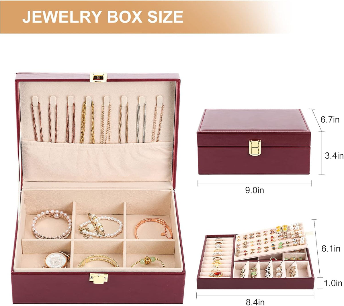 Jewelry Box Organizer for Women Girls 2 Layer Leather Travel Jewelry Storage Case with Lock and Removable Tray for Necklace Earrings Rings Bracelets Gift, Come with Polishing Cloth and Jewelry Bags