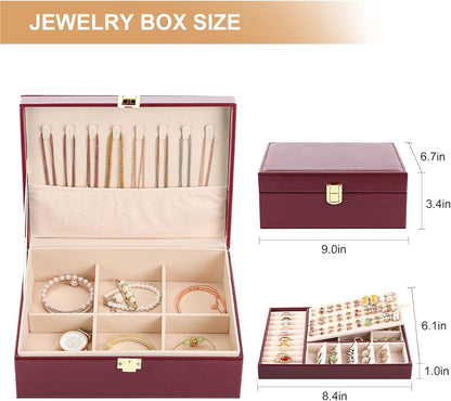 Jewelry Box Organizer for Women Girls 2 Layer Leather Travel Jewelry Storage Case with Lock and Removable Tray for Necklace Earrings Rings Bracelets Gift, Come with Polishing Cloth and Jewelry Bags