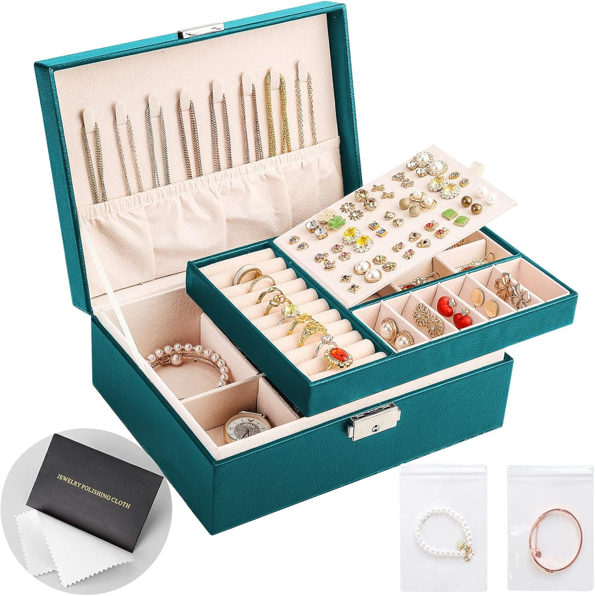 Jewelry Box Organizer for Women Girls 2 Layer Leather Travel Jewelry Storage Case with Lock and Removable Tray for Necklace Earrings Rings Bracelets Gift, Come with Polishing Cloth and Jewelry Bags