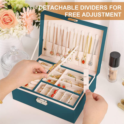 Jewelry Box Organizer for Women Girls 2 Layer Leather Travel Jewelry Storage Case with Lock and Removable Tray for Necklace Earrings Rings Bracelets Gift, Come with Polishing Cloth and Jewelry Bags