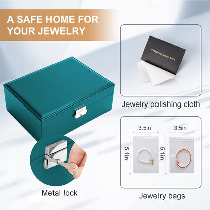 Jewelry Box Organizer for Women Girls 2 Layer Leather Travel Jewelry Storage Case with Lock and Removable Tray for Necklace Earrings Rings Bracelets Gift, Come with Polishing Cloth and Jewelry Bags