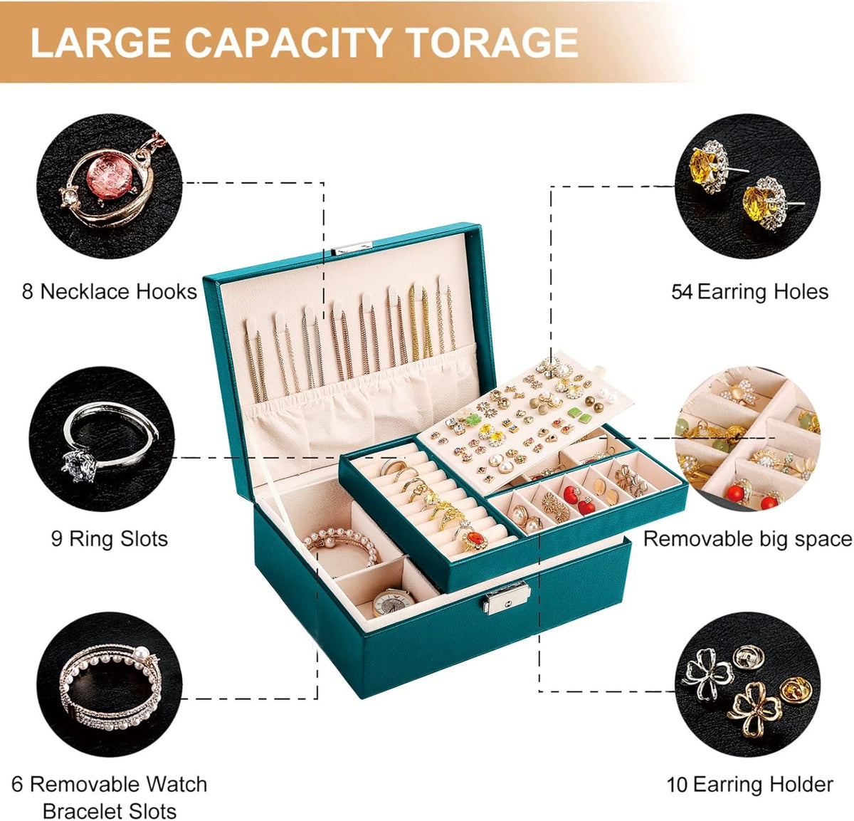 Jewelry Box Organizer for Women Girls 2 Layer Leather Travel Jewelry Storage Case with Lock and Removable Tray for Necklace Earrings Rings Bracelets Gift, Come with Polishing Cloth and Jewelry Bags