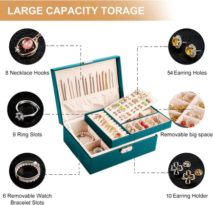 Jewelry Box Organizer for Women Girls 2 Layer Leather Travel Jewelry Storage Case with Lock and Removable Tray for Necklace Earrings Rings Bracelets Gift, Come with Polishing Cloth and Jewelry Bags