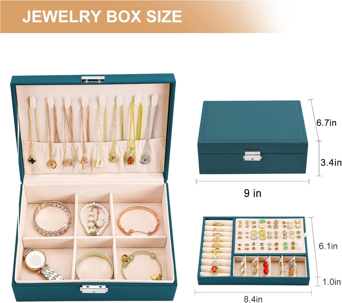 Jewelry Box Organizer for Women Girls 2 Layer Leather Travel Jewelry Storage Case with Lock and Removable Tray for Necklace Earrings Rings Bracelets Gift, Come with Polishing Cloth and Jewelry Bags