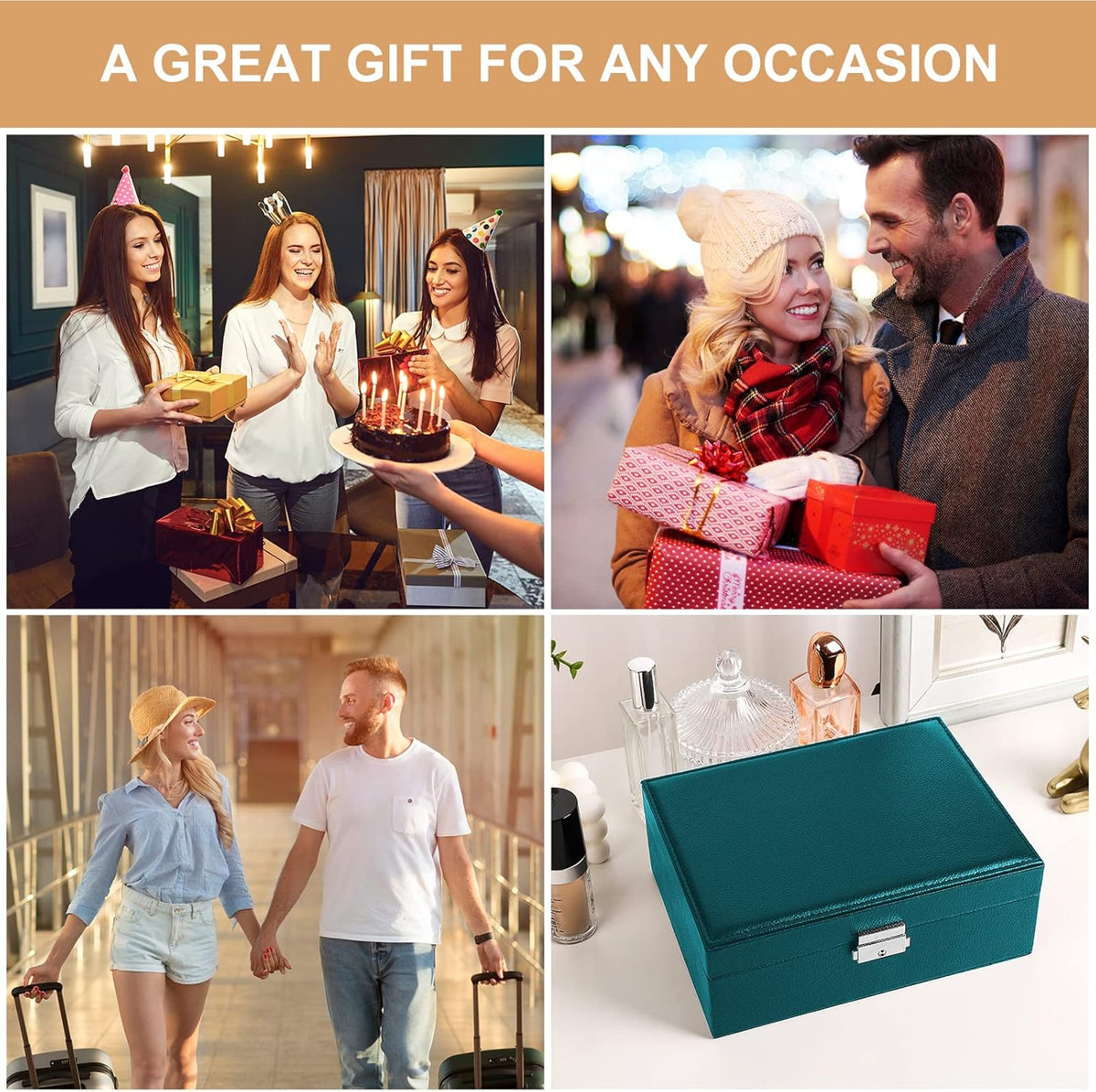 Jewelry Box Organizer for Women Girls 2 Layer Leather Travel Jewelry Storage Case with Lock and Removable Tray for Necklace Earrings Rings Bracelets Gift, Come with Polishing Cloth and Jewelry Bags