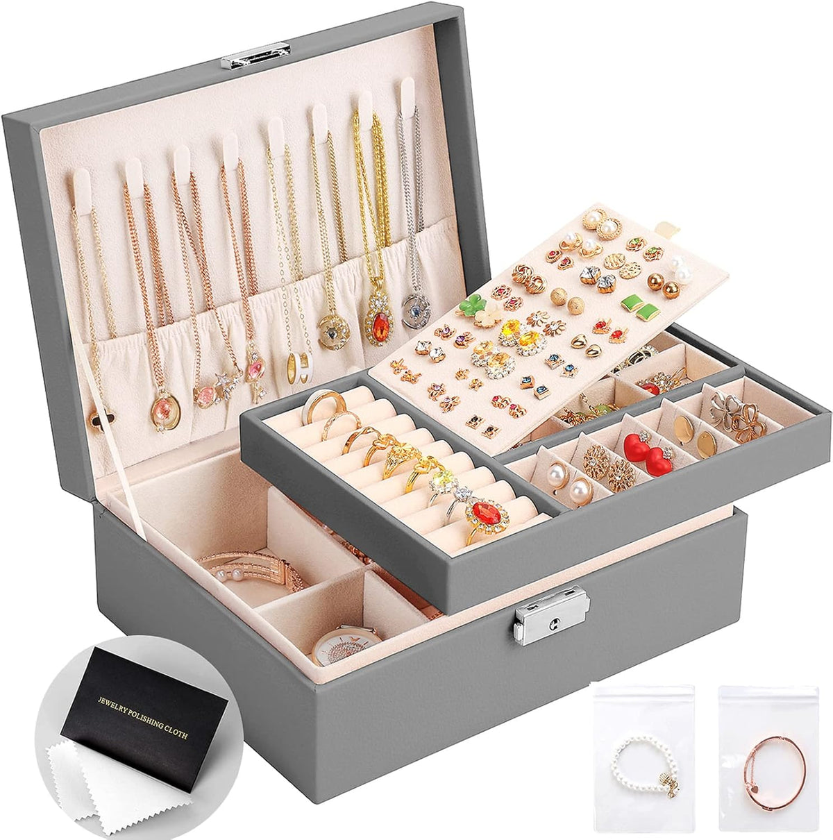 Jewelry Box Organizer for Women Girls 2 Layer Leather Travel Jewelry Storage Case with Lock and Removable Tray for Necklace Earrings Rings Bracelets Gift, Come with Polishing Cloth and Jewelry Bags