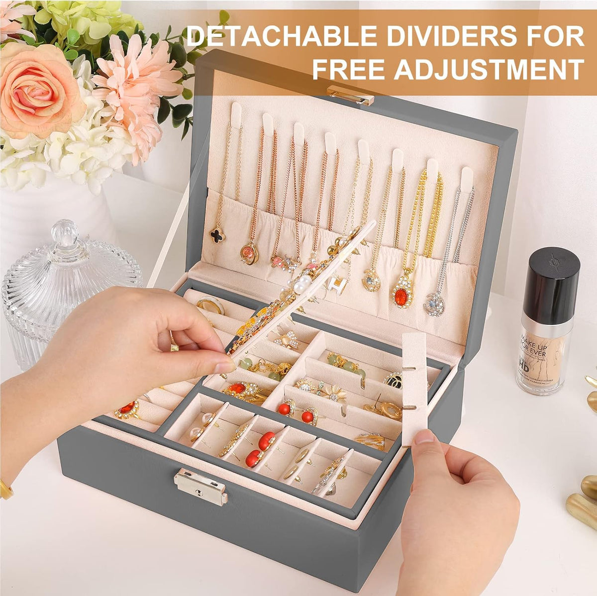 Jewelry Box Organizer for Women Girls 2 Layer Leather Travel Jewelry Storage Case with Lock and Removable Tray for Necklace Earrings Rings Bracelets Gift, Come with Polishing Cloth and Jewelry Bags