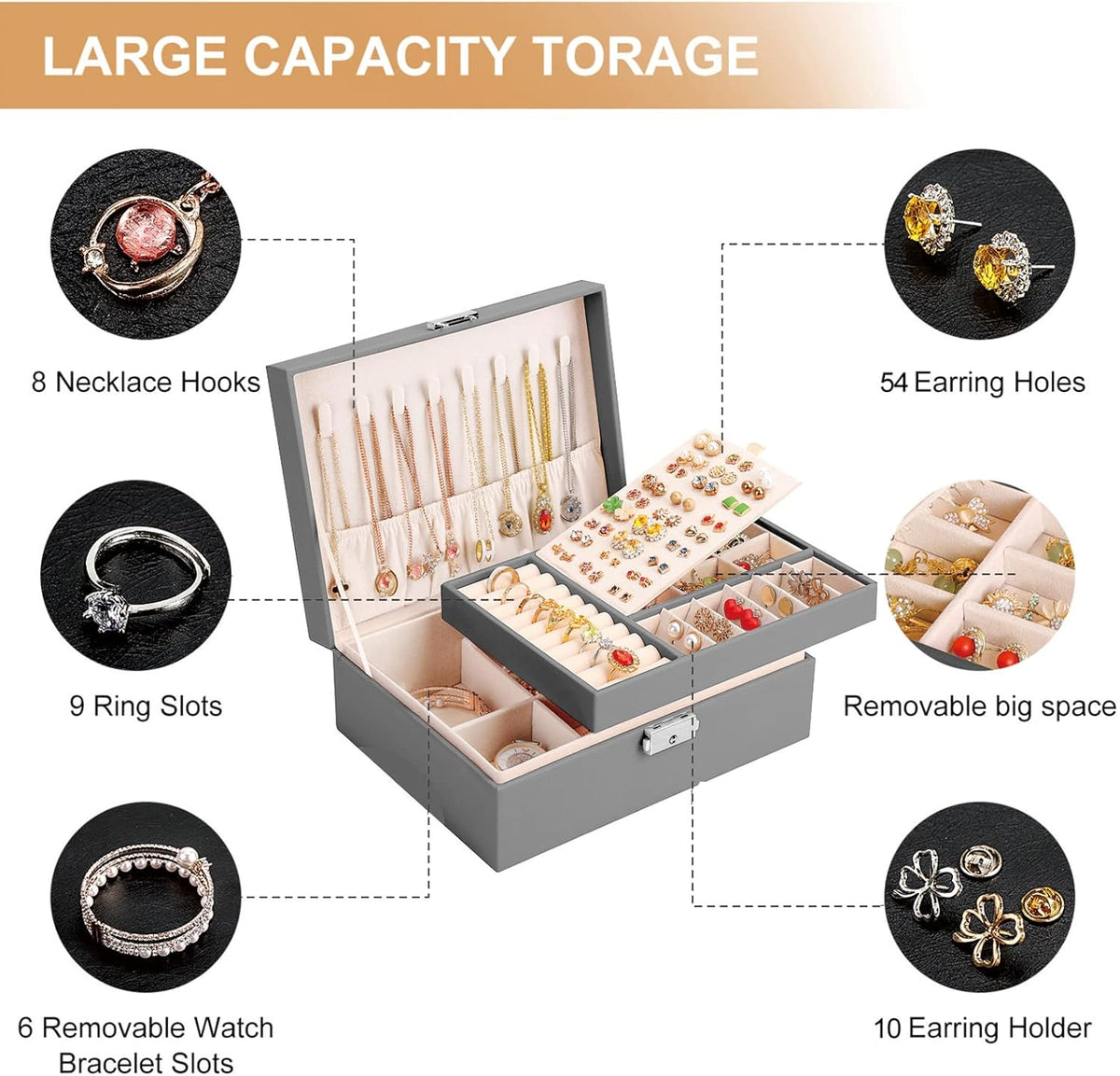 Jewelry Box Organizer for Women Girls 2 Layer Leather Travel Jewelry Storage Case with Lock and Removable Tray for Necklace Earrings Rings Bracelets Gift, Come with Polishing Cloth and Jewelry Bags