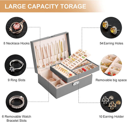 Jewelry Box Organizer for Women Girls 2 Layer Leather Travel Jewelry Storage Case with Lock and Removable Tray for Necklace Earrings Rings Bracelets Gift, Come with Polishing Cloth and Jewelry Bags