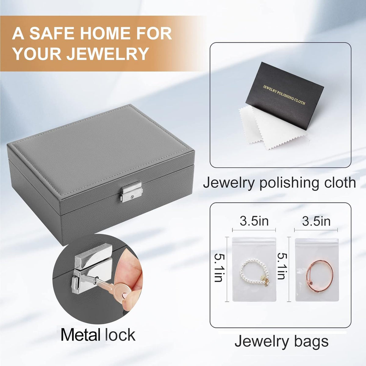 Jewelry Box Organizer for Women Girls 2 Layer Leather Travel Jewelry Storage Case with Lock and Removable Tray for Necklace Earrings Rings Bracelets Gift, Come with Polishing Cloth and Jewelry Bags