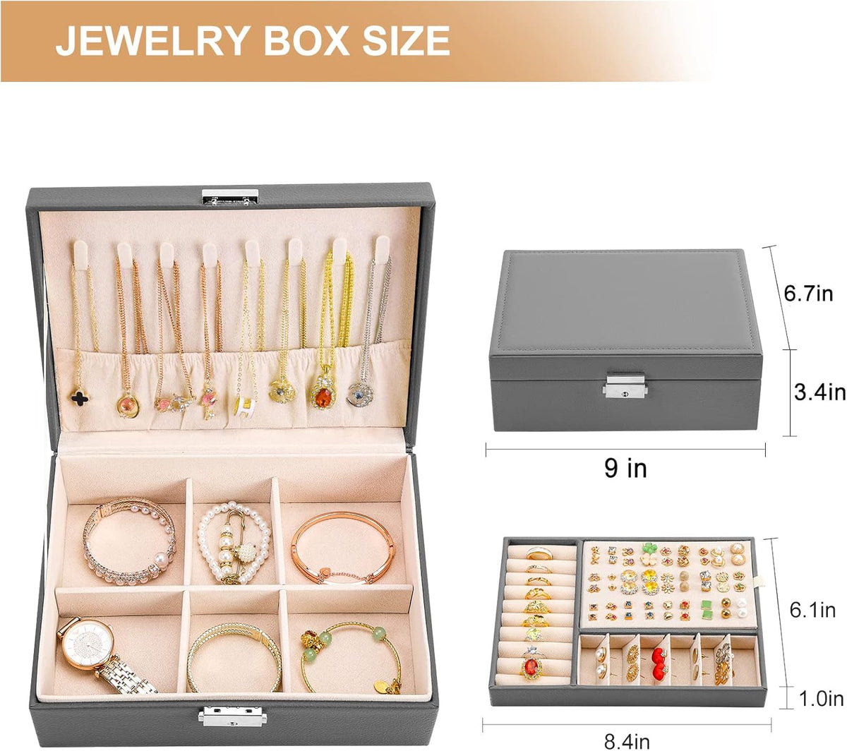 Jewelry Box Organizer for Women Girls 2 Layer Leather Travel Jewelry Storage Case with Lock and Removable Tray for Necklace Earrings Rings Bracelets Gift, Come with Polishing Cloth and Jewelry Bags