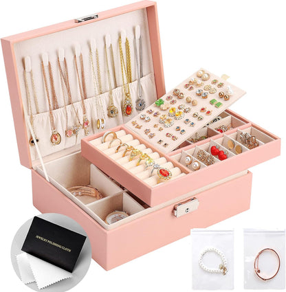 Jewelry Box Organizer for Women Girls 2 Layer Leather Travel Jewelry Storage Case with Lock and Removable Tray for Necklace Earrings Rings Bracelets Gift, Come with Polishing Cloth and Jewelry Bags