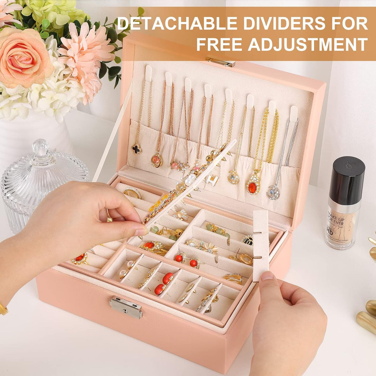 Jewelry Box Organizer for Women Girls 2 Layer Leather Travel Jewelry Storage Case with Lock and Removable Tray for Necklace Earrings Rings Bracelets Gift, Come with Polishing Cloth and Jewelry Bags