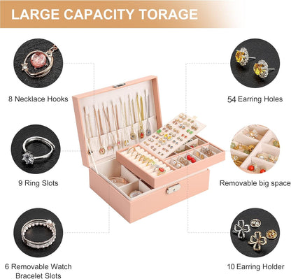Jewelry Box Organizer for Women Girls 2 Layer Leather Travel Jewelry Storage Case with Lock and Removable Tray for Necklace Earrings Rings Bracelets Gift, Come with Polishing Cloth and Jewelry Bags