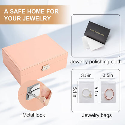 Jewelry Box Organizer for Women Girls 2 Layer Leather Travel Jewelry Storage Case with Lock and Removable Tray for Necklace Earrings Rings Bracelets Gift, Come with Polishing Cloth and Jewelry Bags