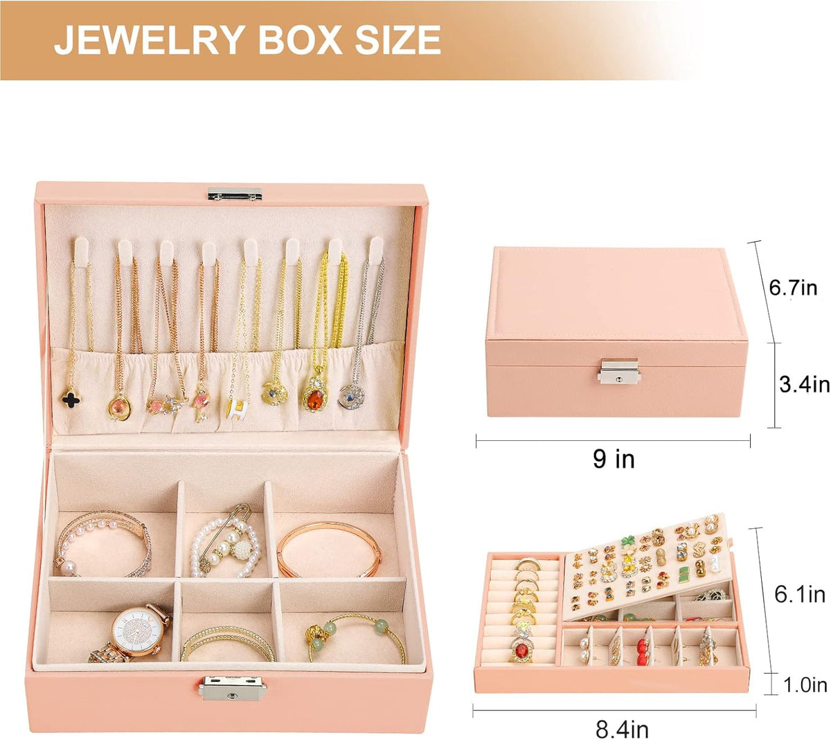 Jewelry Box Organizer for Women Girls 2 Layer Leather Travel Jewelry Storage Case with Lock and Removable Tray for Necklace Earrings Rings Bracelets Gift, Come with Polishing Cloth and Jewelry Bags