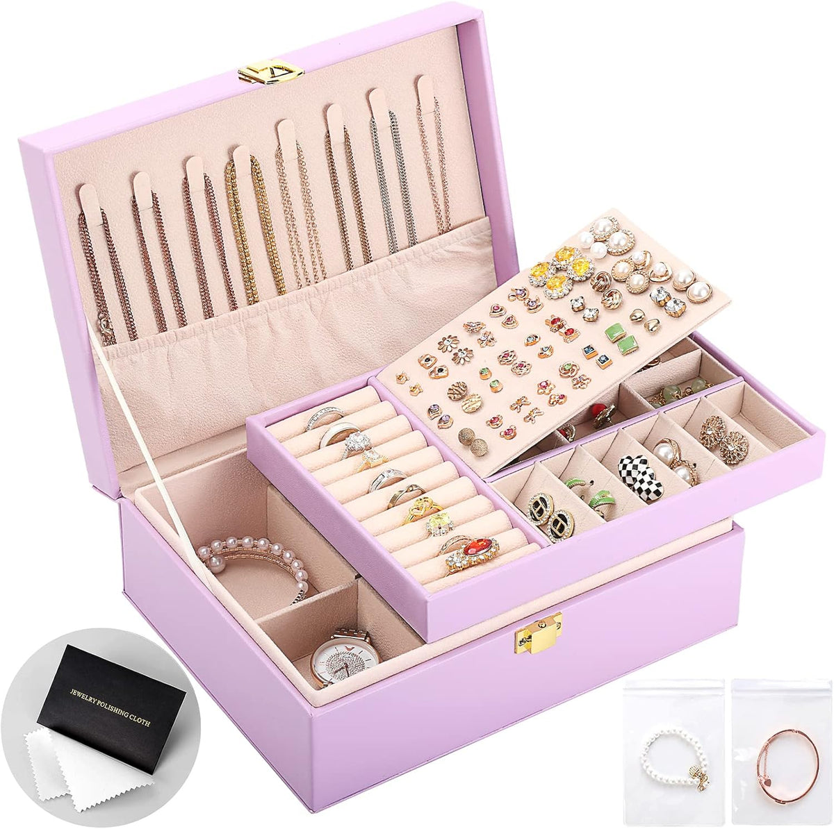 Jewelry Box Organizer for Women Girls 2 Layer Leather Travel Jewelry Storage Case with Lock and Removable Tray for Necklace Earrings Rings Bracelets Gift, Come with Polishing Cloth and Jewelry Bags
