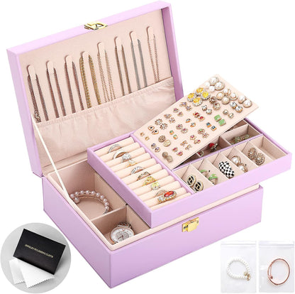 Jewelry Box Organizer for Women Girls 2 Layer Leather Travel Jewelry Storage Case with Lock and Removable Tray for Necklace Earrings Rings Bracelets Gift, Come with Polishing Cloth and Jewelry Bags
