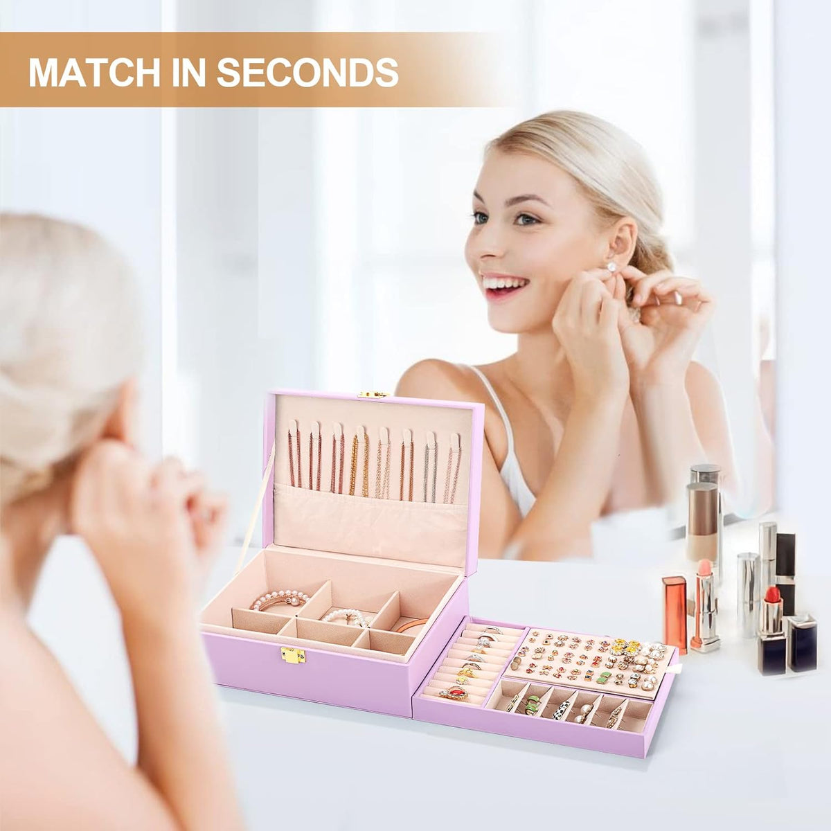 Jewelry Box Organizer for Women Girls 2 Layer Leather Travel Jewelry Storage Case with Lock and Removable Tray for Necklace Earrings Rings Bracelets Gift, Come with Polishing Cloth and Jewelry Bags