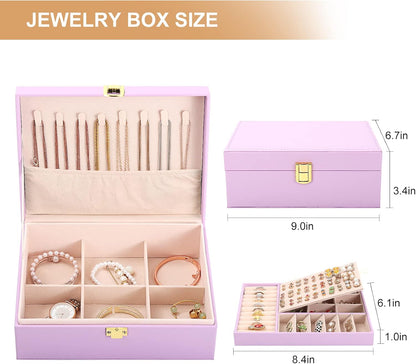 Jewelry Box Organizer for Women Girls 2 Layer Leather Travel Jewelry Storage Case with Lock and Removable Tray for Necklace Earrings Rings Bracelets Gift, Come with Polishing Cloth and Jewelry Bags