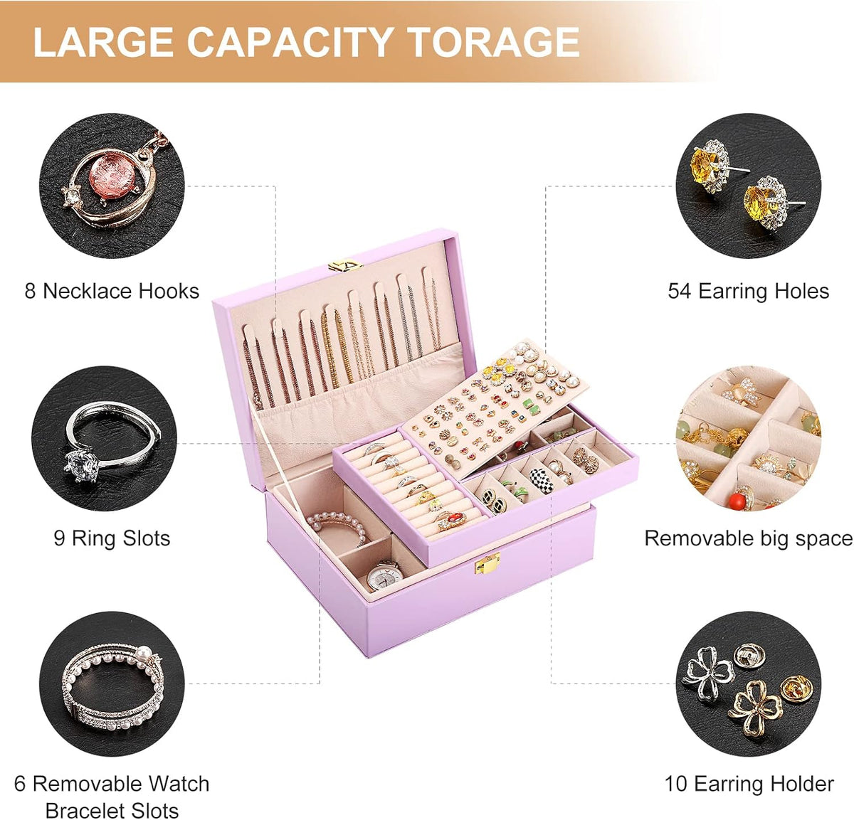 Jewelry Box Organizer for Women Girls 2 Layer Leather Travel Jewelry Storage Case with Lock and Removable Tray for Necklace Earrings Rings Bracelets Gift, Come with Polishing Cloth and Jewelry Bags