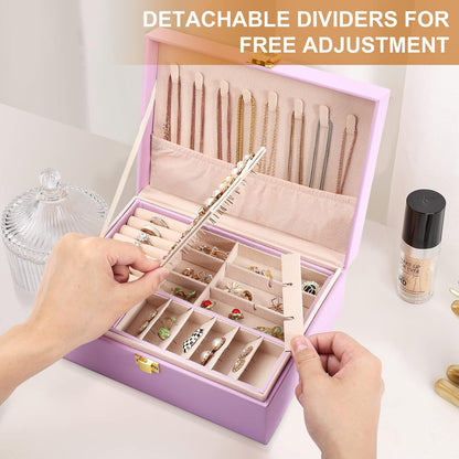 Jewelry Box Organizer for Women Girls 2 Layer Leather Travel Jewelry Storage Case with Lock and Removable Tray for Necklace Earrings Rings Bracelets Gift, Come with Polishing Cloth and Jewelry Bags