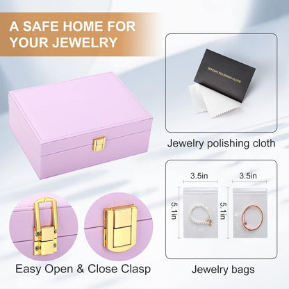 Jewelry Box Organizer for Women Girls 2 Layer Leather Travel Jewelry Storage Case with Lock and Removable Tray for Necklace Earrings Rings Bracelets Gift, Come with Polishing Cloth and Jewelry Bags