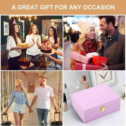 Jewelry Box Organizer for Women Girls 2 Layer Leather Travel Jewelry Storage Case with Lock and Removable Tray for Necklace Earrings Rings Bracelets Gift, Come with Polishing Cloth and Jewelry Bags