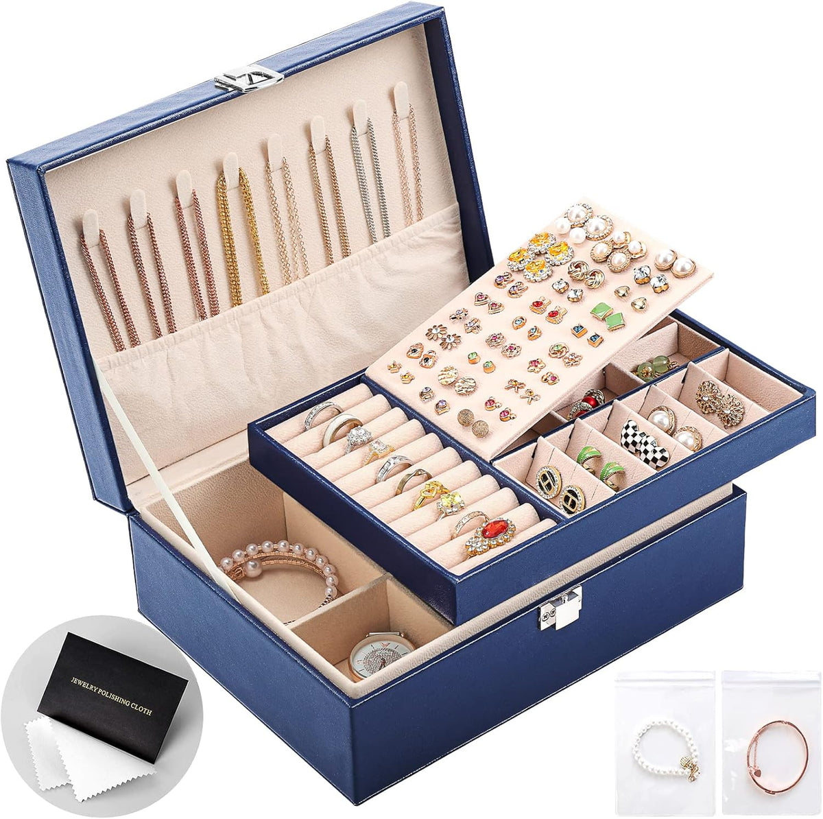 Jewelry Box Organizer for Women Girls 2 Layer Leather Travel Jewelry Storage Case with Lock and Removable Tray for Necklace Earrings Rings Bracelets Gift, Come with Polishing Cloth and Jewelry Bags