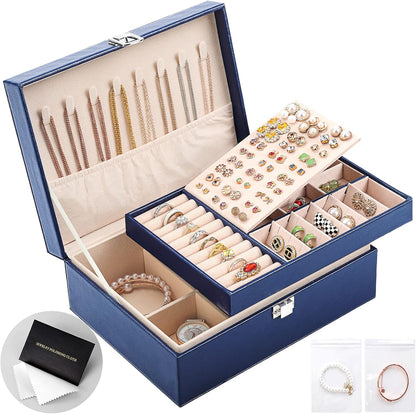 Jewelry Box Organizer for Women Girls 2 Layer Leather Travel Jewelry Storage Case with Lock and Removable Tray for Necklace Earrings Rings Bracelets Gift, Come with Polishing Cloth and Jewelry Bags