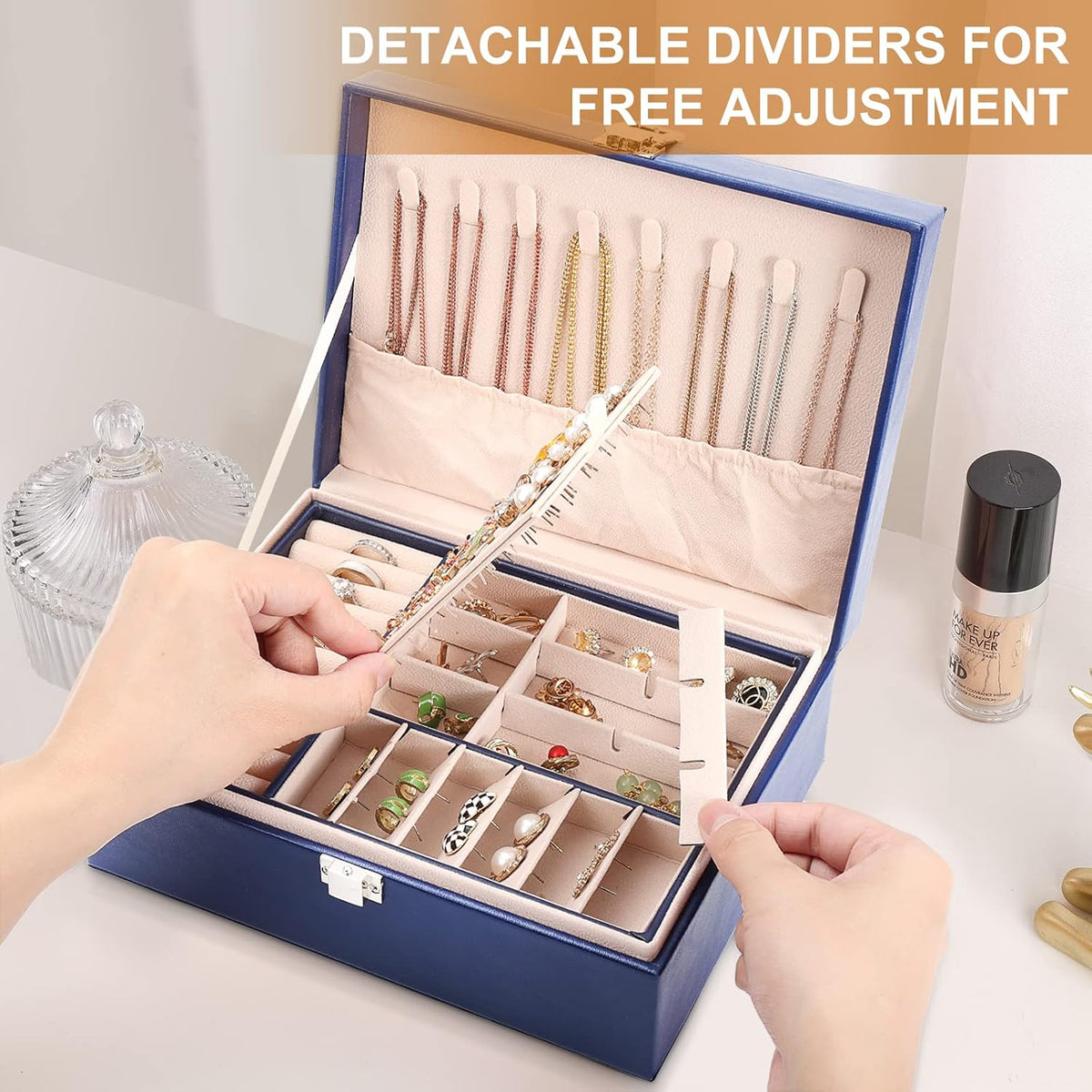 Jewelry Box Organizer for Women Girls 2 Layer Leather Travel Jewelry Storage Case with Lock and Removable Tray for Necklace Earrings Rings Bracelets Gift, Come with Polishing Cloth and Jewelry Bags