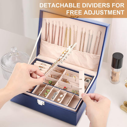 Jewelry Box Organizer for Women Girls 2 Layer Leather Travel Jewelry Storage Case with Lock and Removable Tray for Necklace Earrings Rings Bracelets Gift, Come with Polishing Cloth and Jewelry Bags