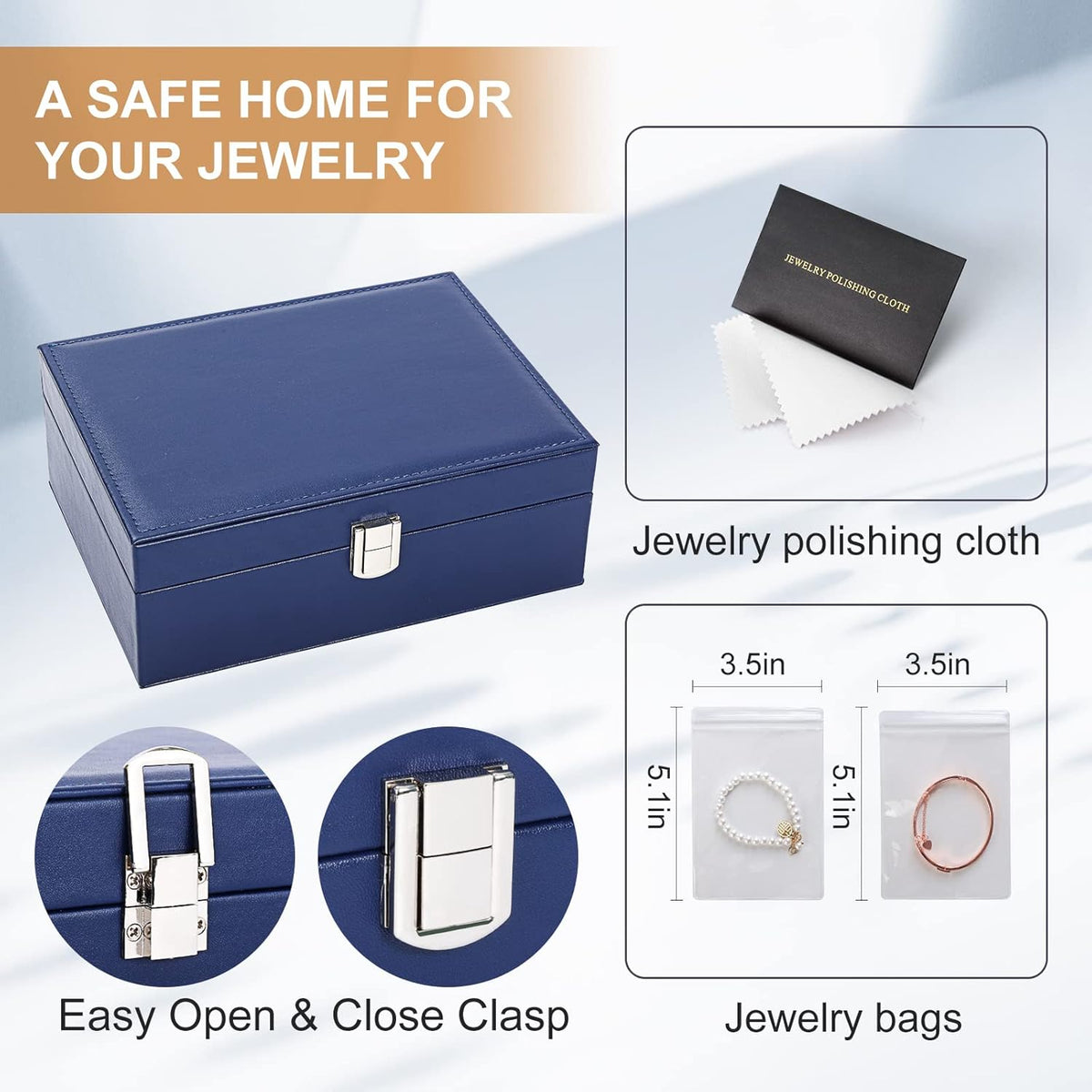 Jewelry Box Organizer for Women Girls 2 Layer Leather Travel Jewelry Storage Case with Lock and Removable Tray for Necklace Earrings Rings Bracelets Gift, Come with Polishing Cloth and Jewelry Bags